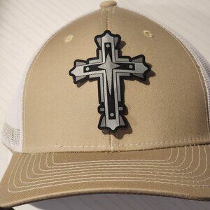 Cross Patched Khaki/White Mesh Snapback Trucker Hat